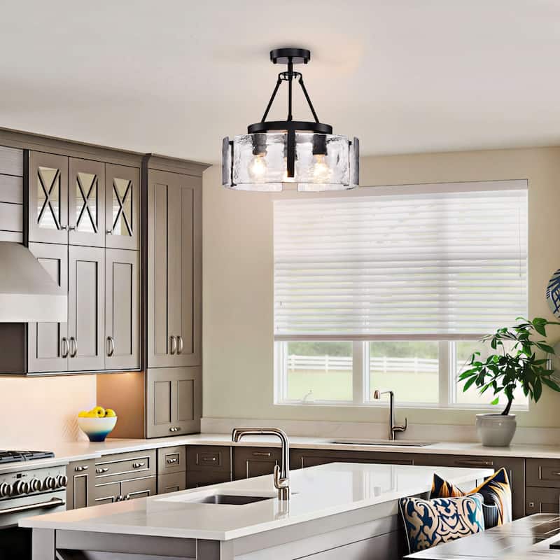 Reina 3-Light Water Textured Glass Panel Drum Semi Flush Mount