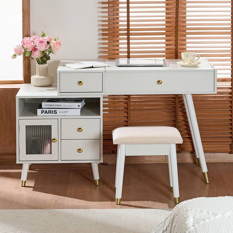 Extendable Makeup Dressing Table with Stool, 3-in-1 Makeup Vanity Desk with Flip-Top Mirror & 3-Color LED Light, White