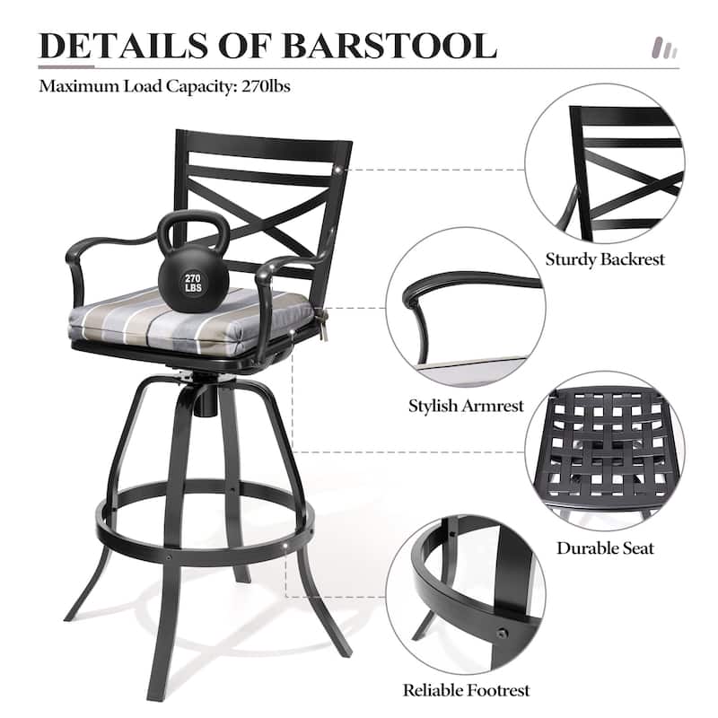 Outdoor Patio Swivel Bar Stool Aluminum Bar Chair with Sunbrella Cushion