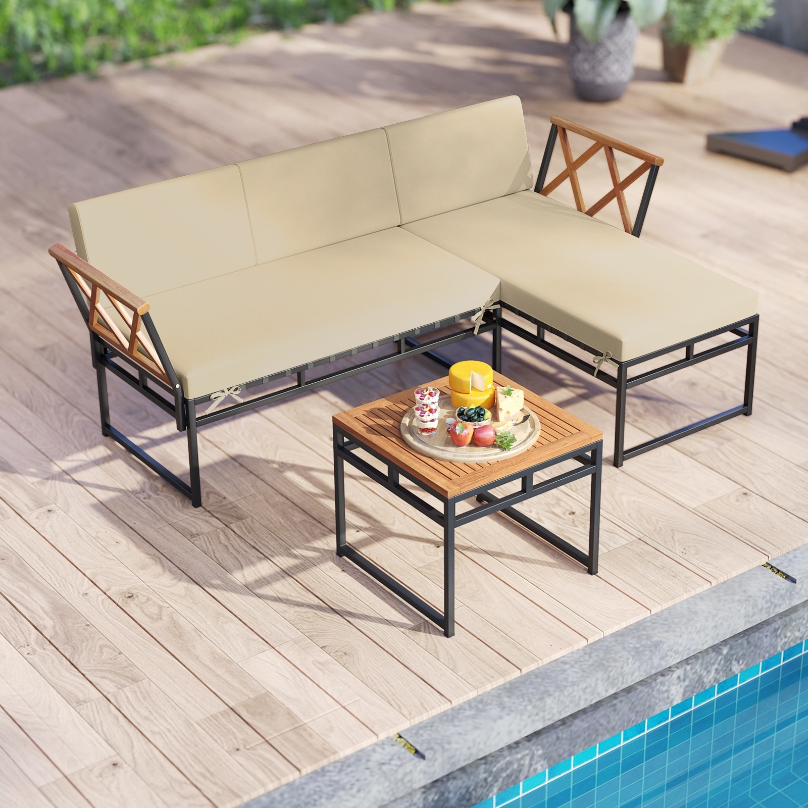 Costway 3 PCS L-Shaped Patio Furniture Set with Loveseat Square Coffee - See Details