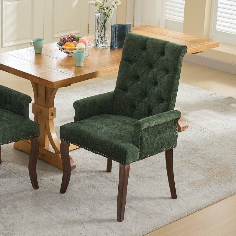Upholstered Chenille Dining Chairs, Tufted Accent Armchairs with Curved Solid Wood Legs, Dining Room Arm Chair