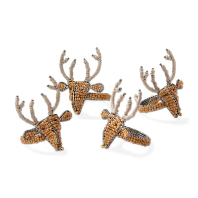Reindeer Wood Beaded Napkin Ring Set Of 4, 3.25L x 2.25H x 2.25H inches