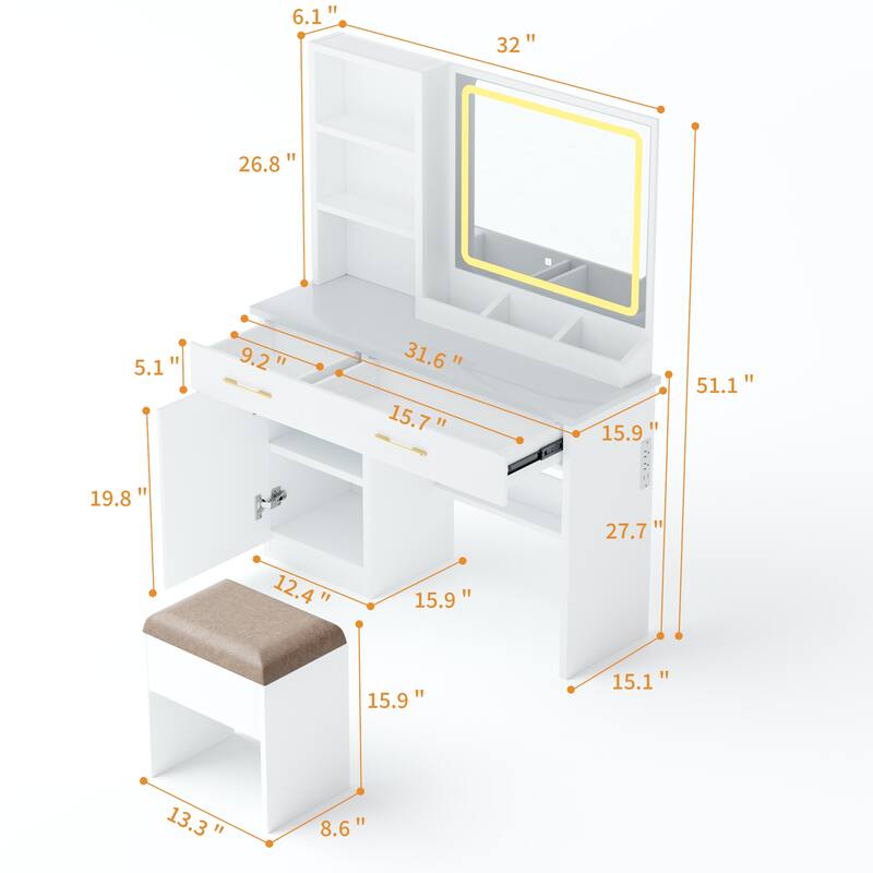 32" Wide Makeup Vanity Desk with Lighted Mirror Power Outlet, Dressing Table with Large Storage Space and Cushioned Stool