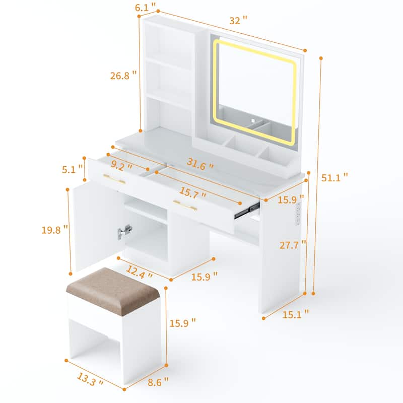 32" Wide Makeup Vanity Desk with Lighted Mirror and Power Outlet, Dressing Table with Large Storage Space and Cushioned Stool
