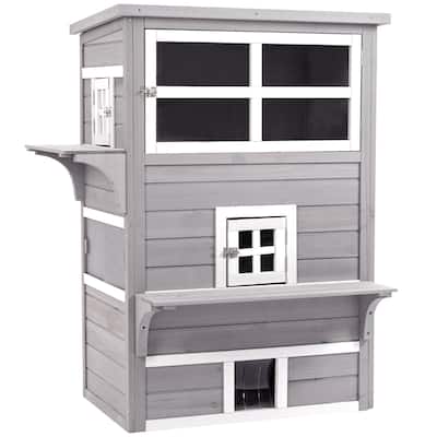 PawHut 3-Story Cat House Feral Cat Shelter, Outdoor Kitten Condo - Grey