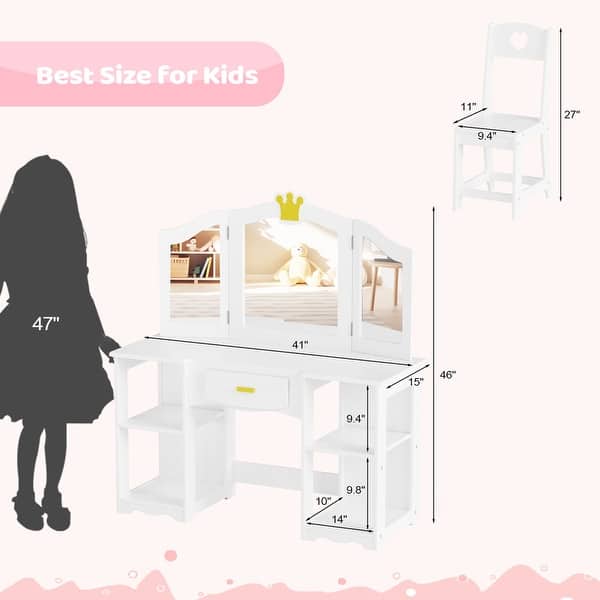 dimension image slide 3 of 6, Kids Vanity Set with Mirror Makeup Dressing Table with Drawer
