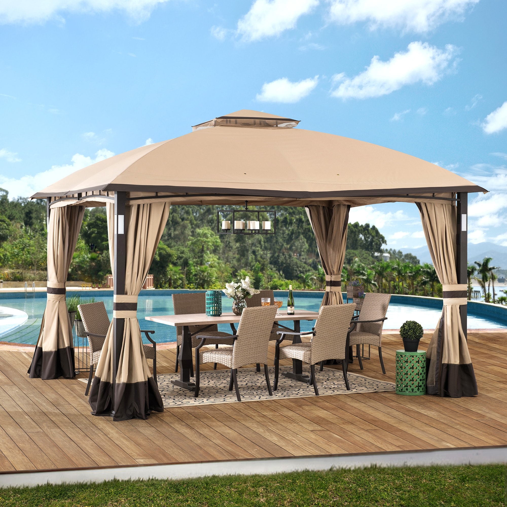 Sunjoy 11 Ft X 13 Ft Tan And Brown Gazebo With Led Lighting And Bluetooth Sound Overstock 30581591
