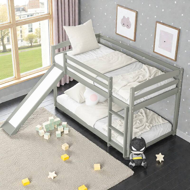 Twin over Twin Wooden Bunk Bed with Slide and Ladder, Convertible Design, Low Bunk Frame for Kids, Solid Pine & MDF