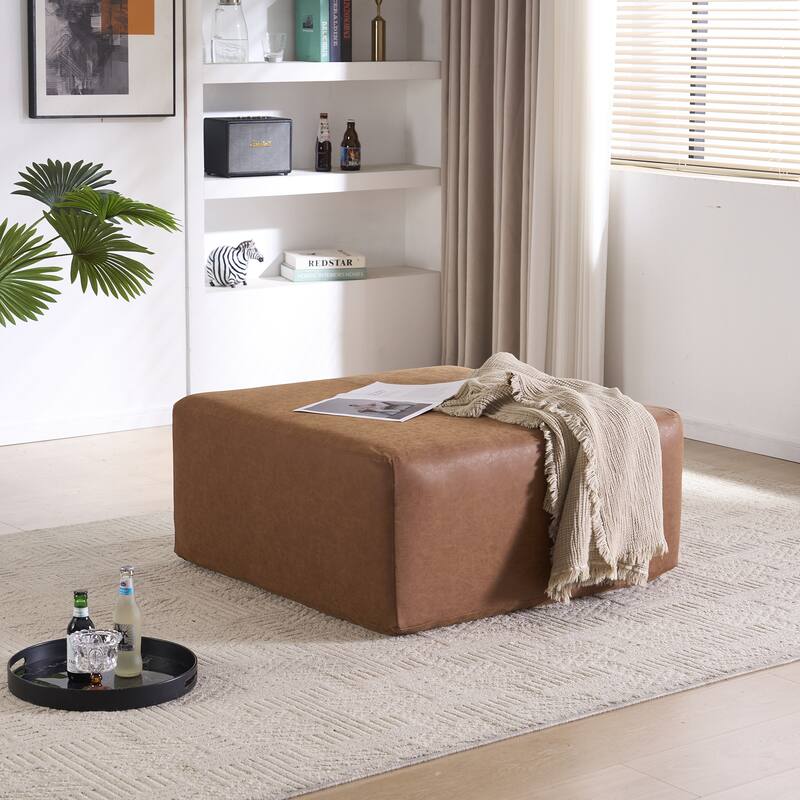 Oversized Square Ottoman Coffee Table, Faux Leather Couch Ottoman Large Footstool for Living Room