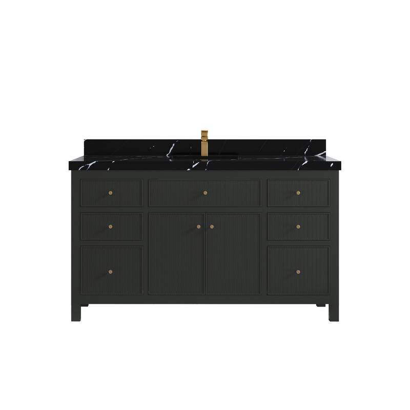 Willow Collections 60 in W x 22 in D Sonoma Free Standing Reeded Single Sink Bathroom Vanity with Countertop - 2" Calacatta Black - Black Top