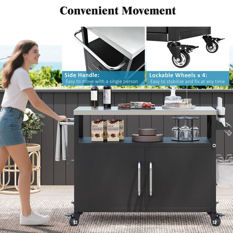 Metal Kitchen Island with Stainless Steel Tabletop, Rolling Spice Storage Cabinet w/Towel Rack and 4 Lockable Wheels for Kitchen