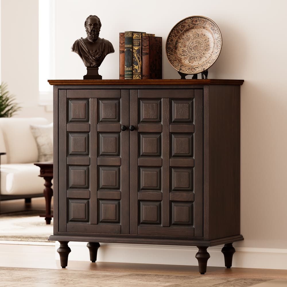 COZAYH Vintage Storage Cabinet With Plaid Pattern Front, Rustic Sideboards With Doors For Bedroom, Living Room