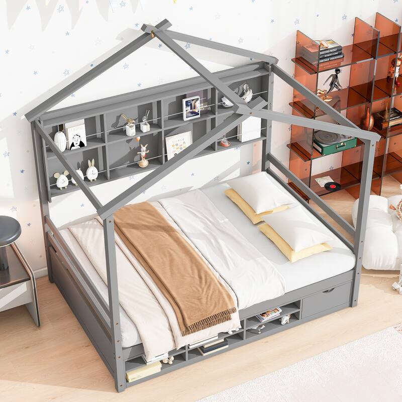 Full House Bed with Roof Frame, Bedside-shelves, Under Bed Storage Unit