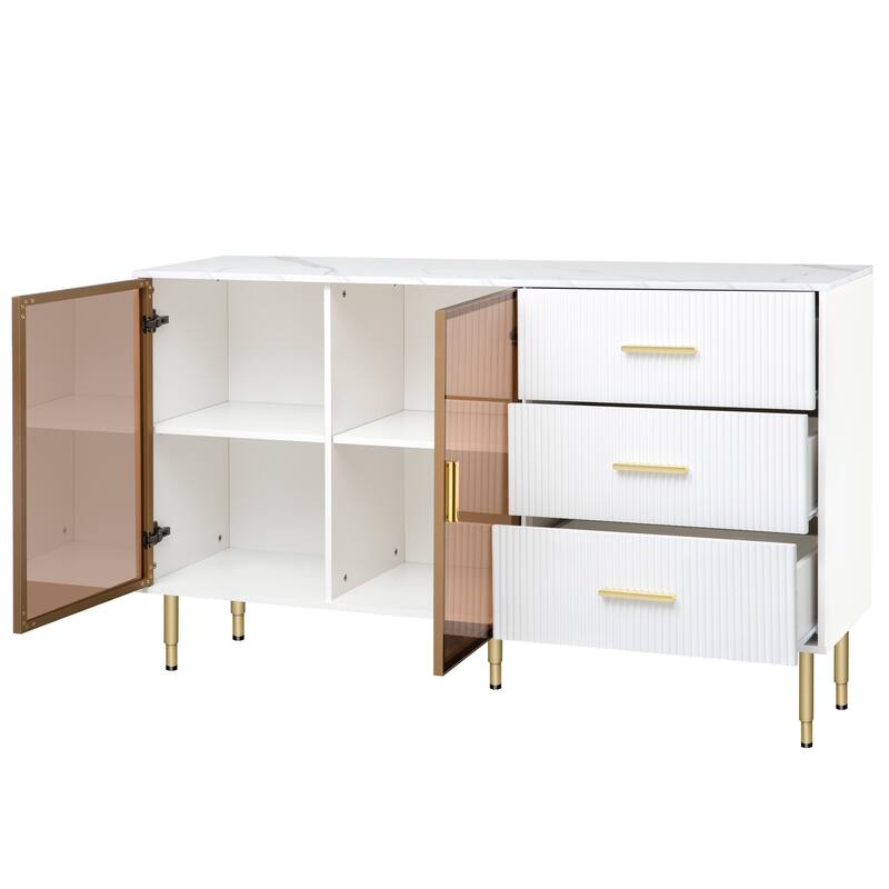 Luxury Storage Cabinet with Marble Finish, Gold Legs & Tempered Glass Doors for Modern Living Spaces