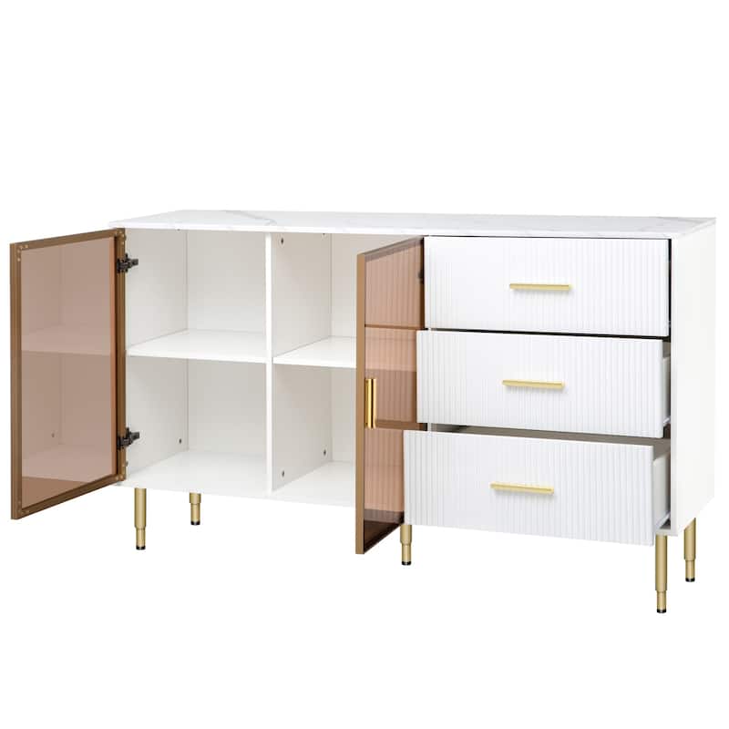 Modern Sideboard with Glass Doors, Marble Top & Gold Metal Legs, White