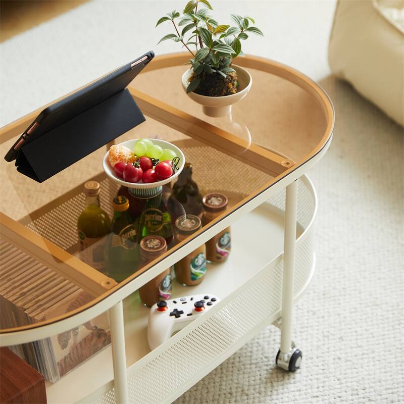 Rolling Oval Metal Coffee Table with Storage and Glass Top