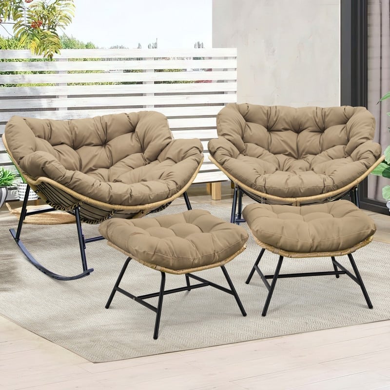 FINCATI Outdoor Rocking Papasan Chair, Rocking Chair Outdoor, 450 lbs Indoor Oversized Rocking Papasan, Comfy Rocking Egg Chair - 4 PCS-Brown
