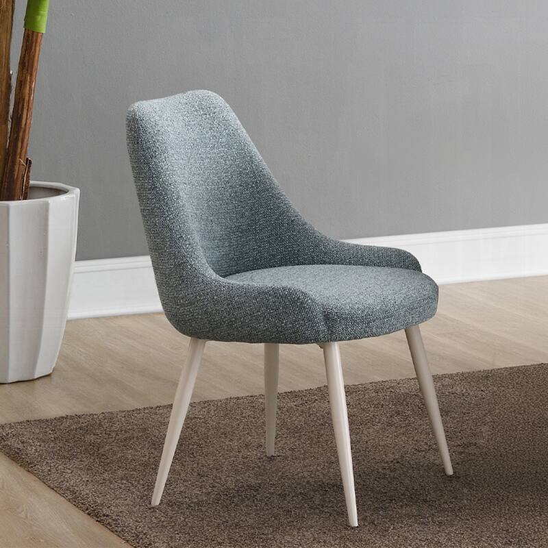 Set of 2 Boucle Upholstered Dining Side Chairs with Splayed Legs in Light Blue and White