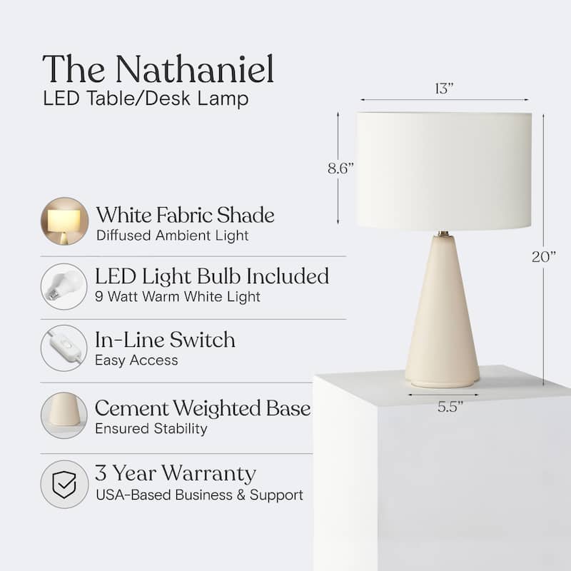 Brightech Nathaniel 20 in. Modern Super Bright LED Standard Table Lamp with Sleek Beige Fabric Drum Shade