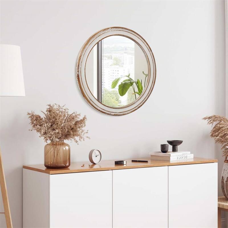35.4 Inch Round Wood Mirror - Antique Natural
