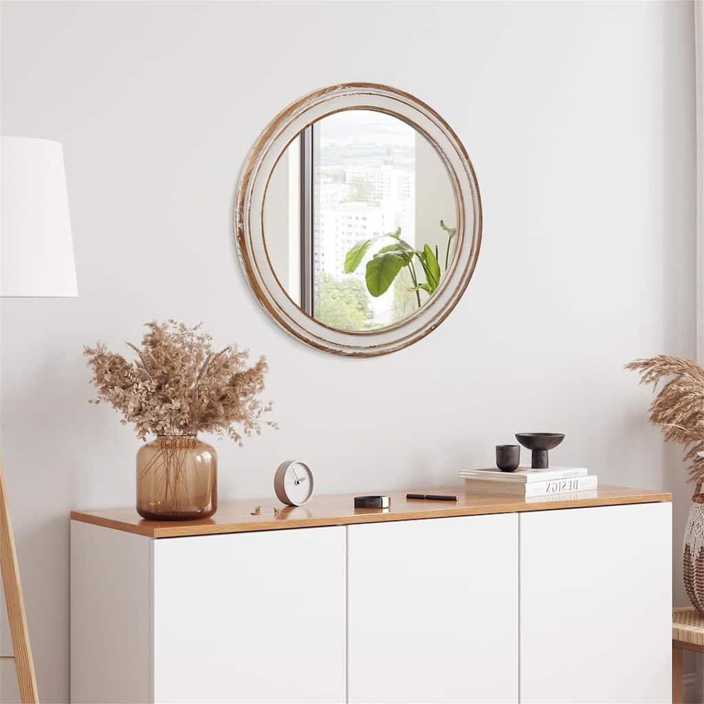 35.4 Inch Round Wood Mirror