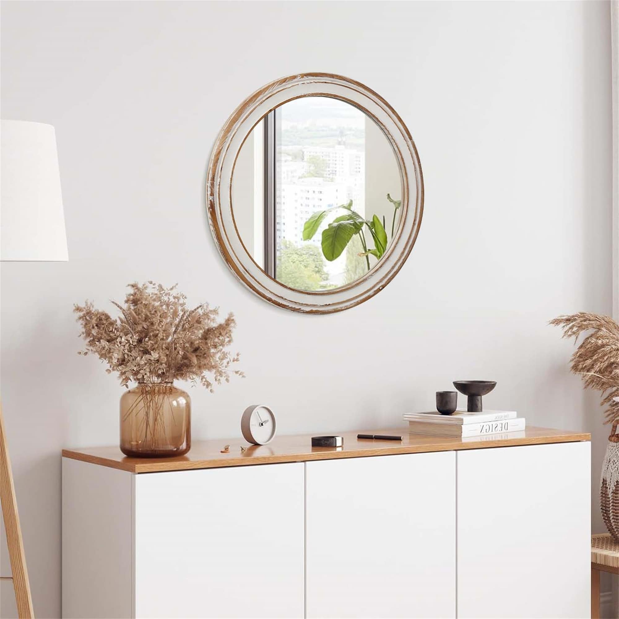 35.4 Inch Round Wood Mirror