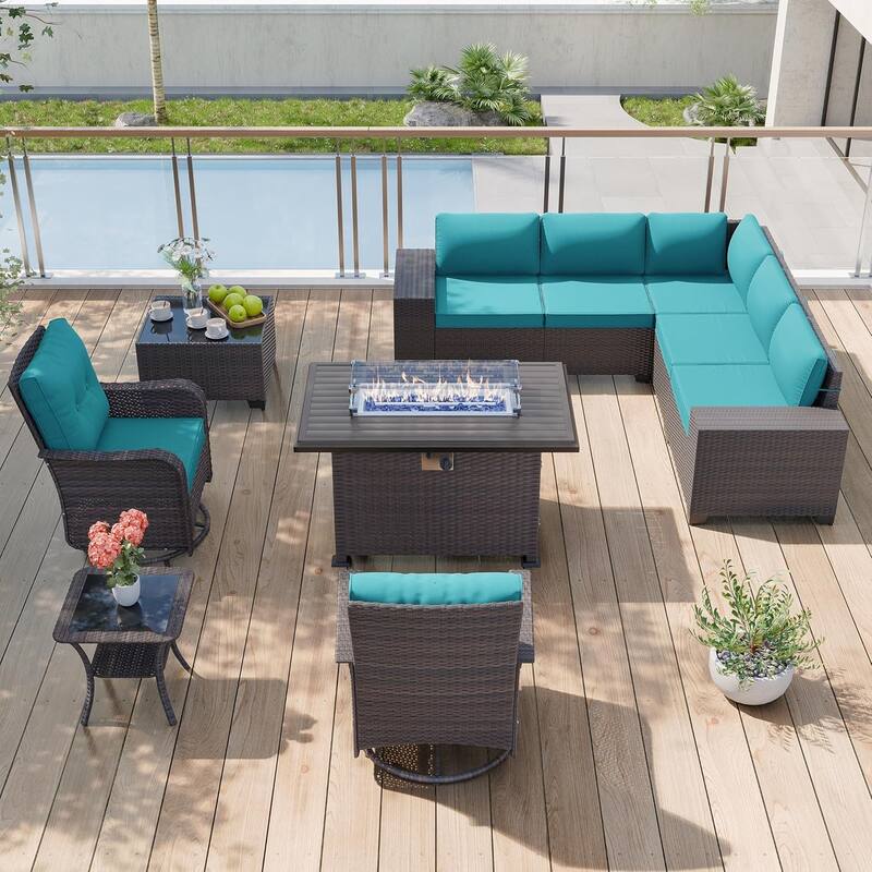 10-Piece Modular Outdoor Sectional Set with Fire Pit & Swivel Rockers - 10 pcs - Turquoise