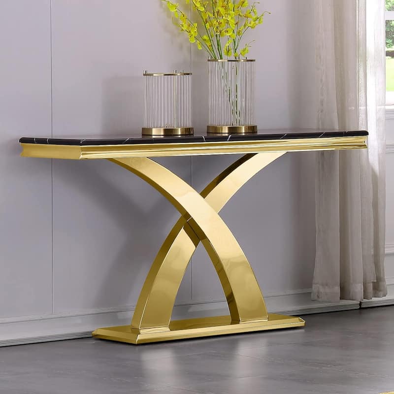50 inch Rectangle Console Table with Luxurious Stainless Steel X Base and High Gloss Top - Gold