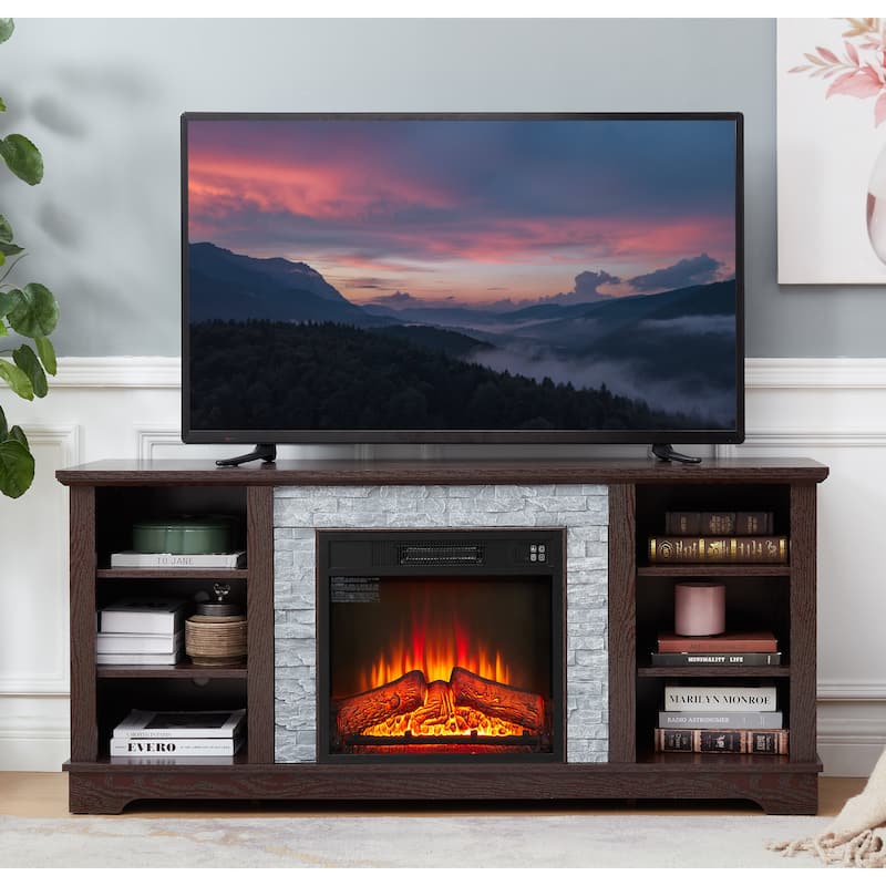 Electric Fireplace TV Stand with Faux Stone Mantel and Adjustable Shelves - Cherry