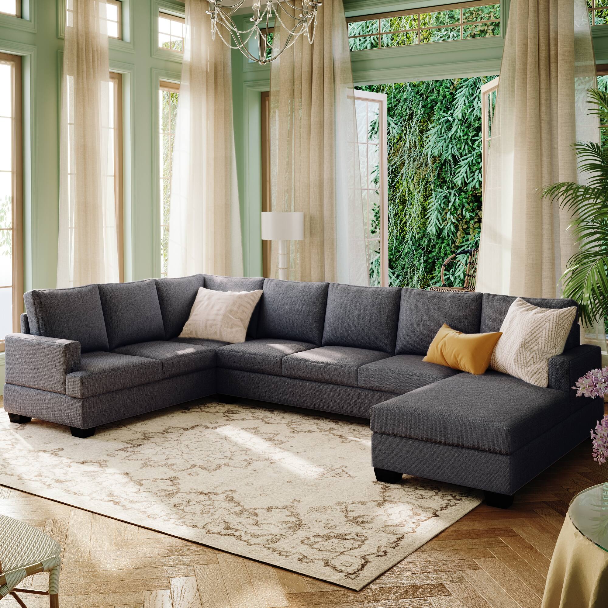 Gray Breathable Fabric UShape Sectional Sofa with Extra Wide Chaise