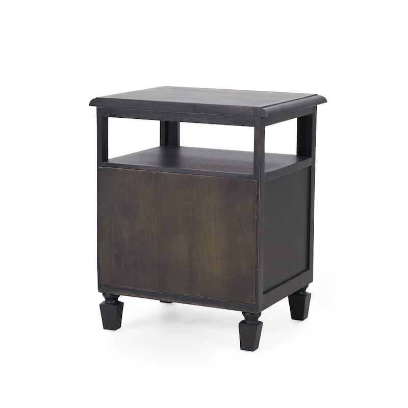 Roomfitters Modern Wood Nightstand with Open Shelf and Cabinet, Accent Side Table with Textured Door and Brass Handle, Dark Grey