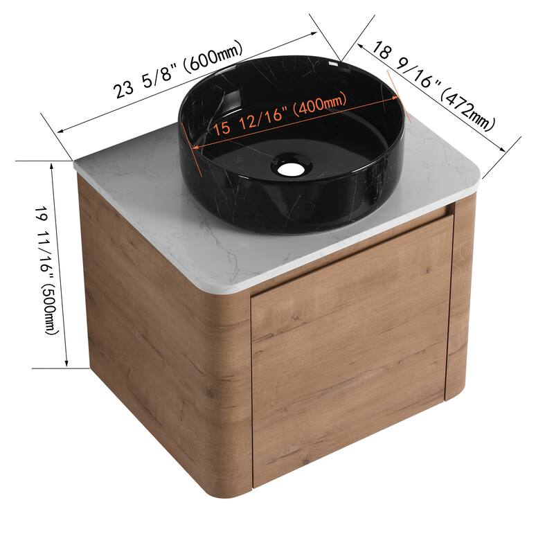 24'' Wall-Mounted Bathroom Vanity With Ceramic Art Sink & 1-Soft-Close Door,KD-Packing, Plywood