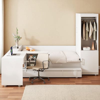 Full Size Wooden Platform Bed with Wardrobe Closet, Desk w/ USB Ports, 6 Drawers, Shelves & 12 Slats