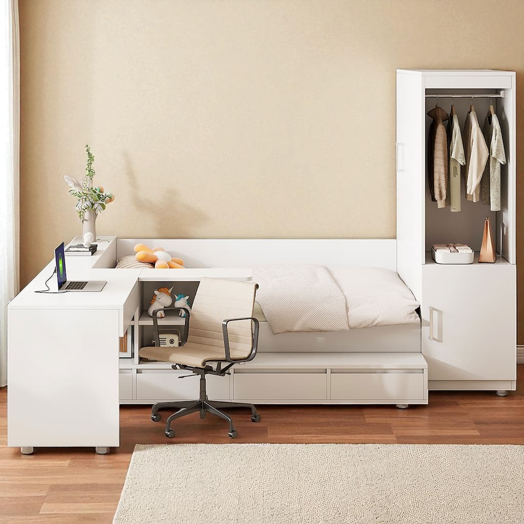 Full Size Wooden Platform Bed with Wardrobe Closet, Desk w/ USB Ports, 6 Drawers, Shelves & 12 Slats