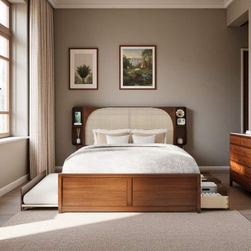 Queen Platform Bed with Rattan Headboard, 2 Storage Drawers and Pull-Out Trundle, with Built-In Compartments - Walnut