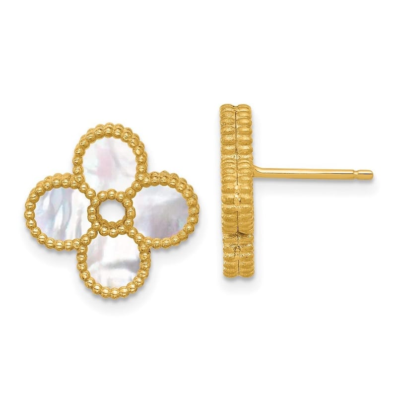 Curata 14k Italian Yellow Gold Beaded Mother of Pearl Clover Stud Earrings