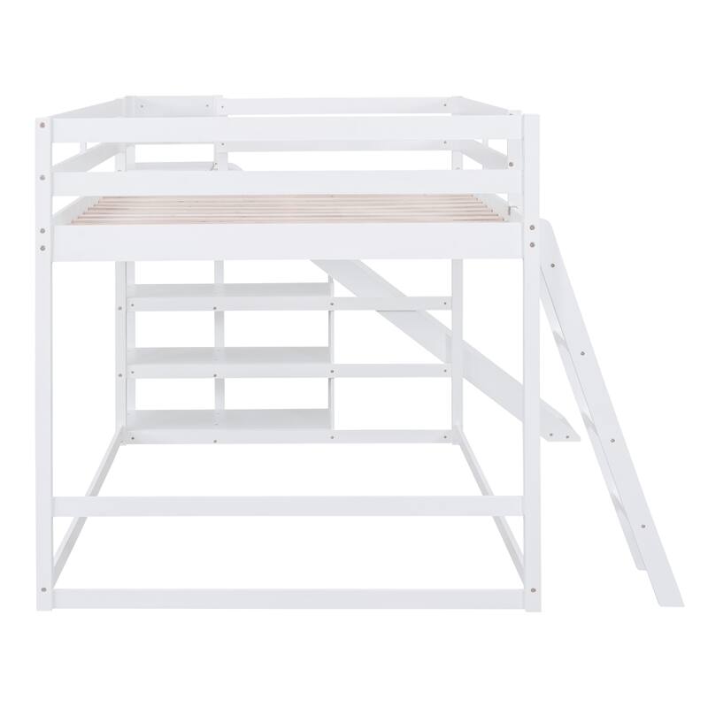 Full over Full Bunk Bed with Ladder, Slide, and Shelves in White