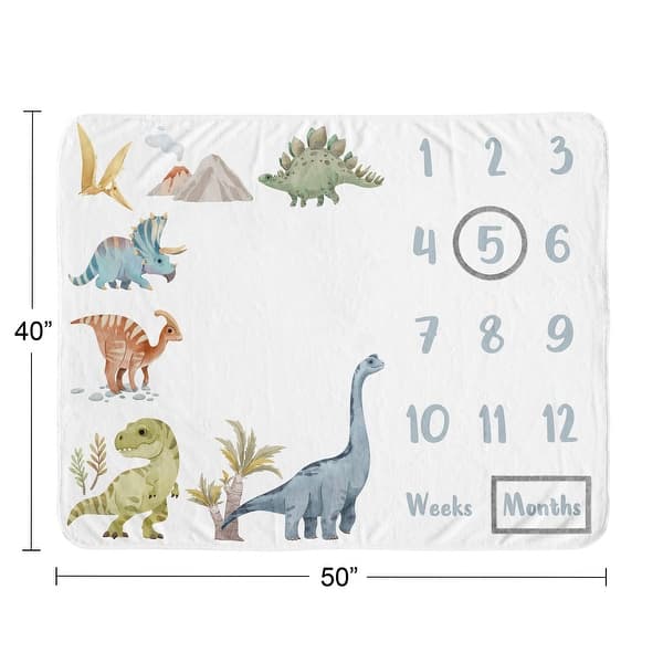 Sweet Jojo Designs Watercolor Dinosaur Dino Boy Baby Monthly Milestone Blanket Green Blue Modern Jurassic Nature Animal Steel