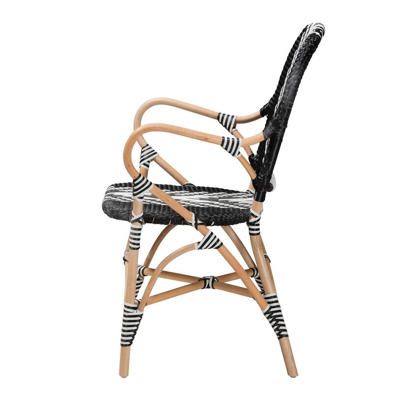 Wallis Modern French Two-Tone Black and White Weaving and Natural Rattan Indoor Dining Chair