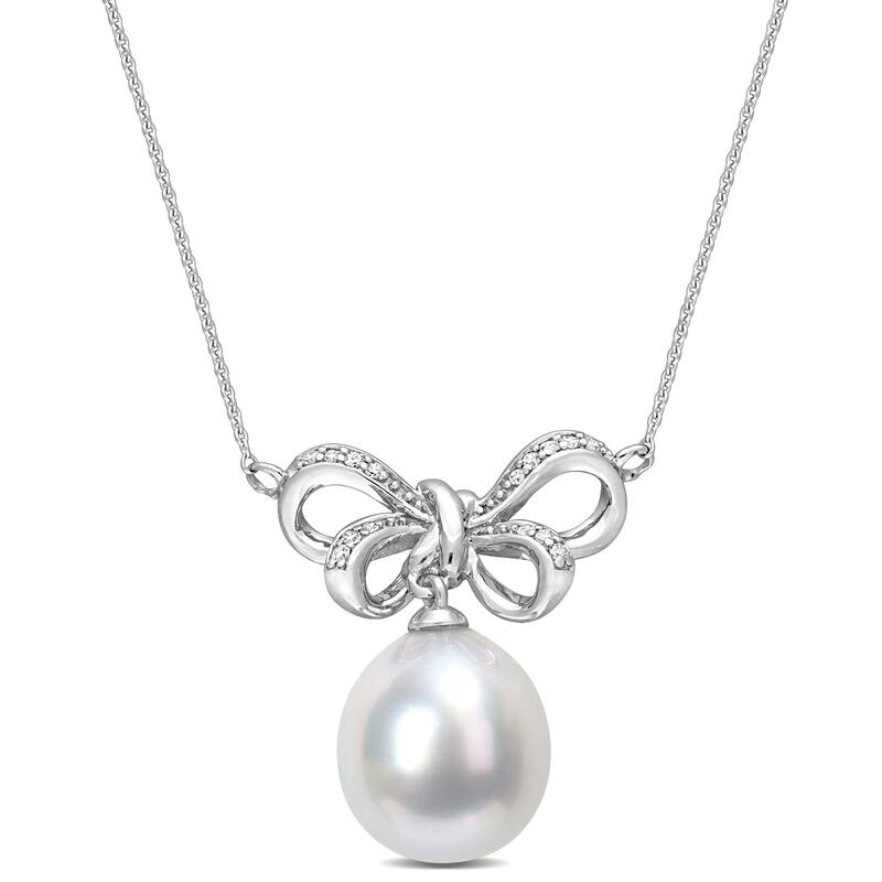 Miadora 9.5 -10mm South Sea Cultured Pearl and Diamond Accent Bow Drop 10k White Gold I2;I3
