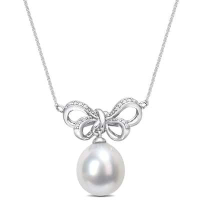 Miadora 9.5 -10mm South Sea Cultured Pearl and Diamond Accent Bow Drop 10k White Gold I2;I3