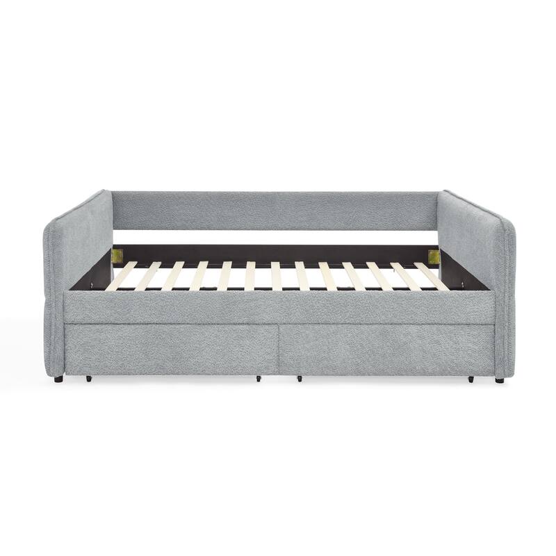 Roomfitters Queen Boucle Daybed with Trundle, Two Storage Drawers and Upholstered Sofa Bed Frame