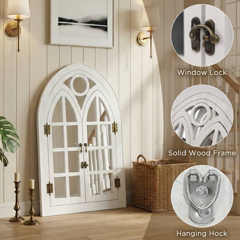Classic Arched Wood Framed Window Pane Wall Mirror