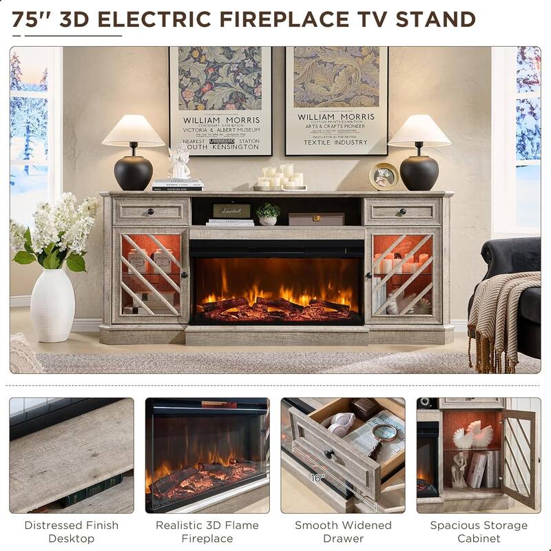 Farmhouse TV Stand with 3-Sided Fireplace, Entertainment Center