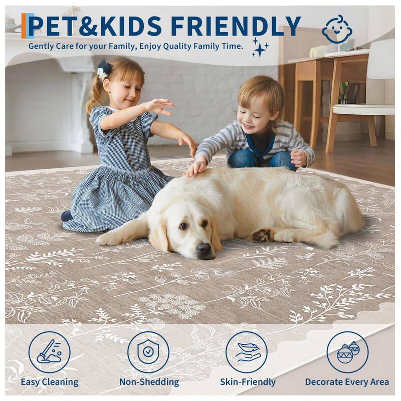 Botanical Washable Area Rug Modern Bird Pattern Rug Soft Non-Slip Low Pile Rugs for Living Room Bedroom