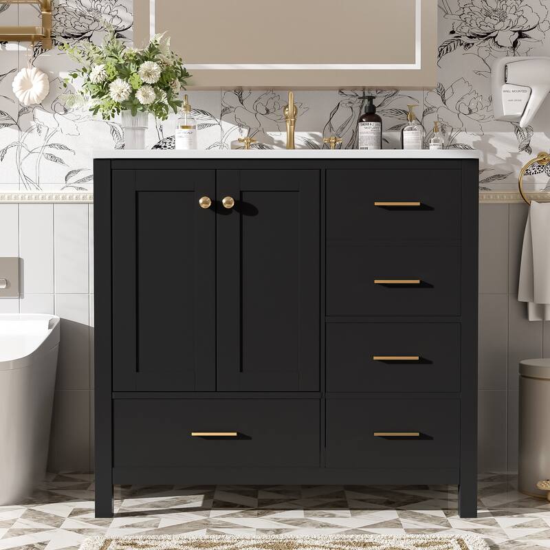 Bathroom Vanity with Ceramic Sink Combo,Freestanding Vanity Set with 4 Drawers& Soft Closing Doors
