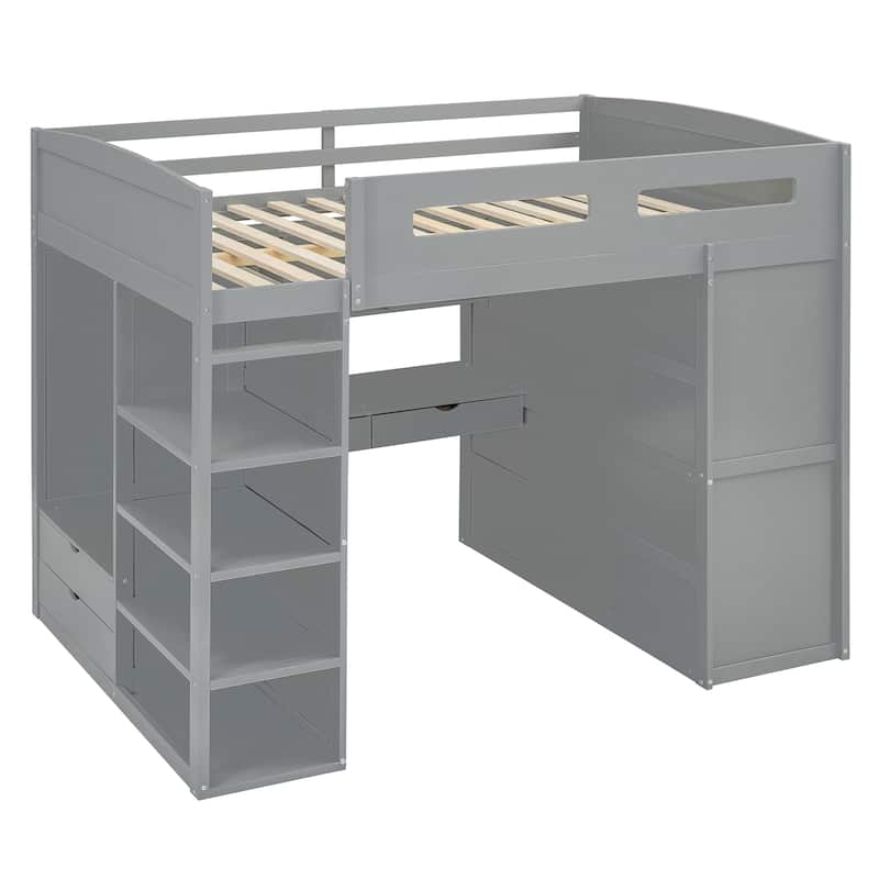 Full Size Solid Wood Loft Bed with Desk, Wardrobes, and Shelves