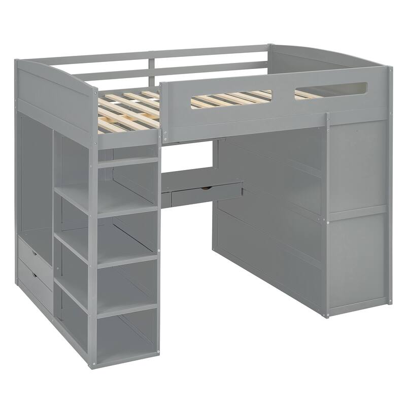Modern Full Loft Bed with Built-in Desk, Storage Drawers, Shelves, and Open Closet for Optimal Organization
