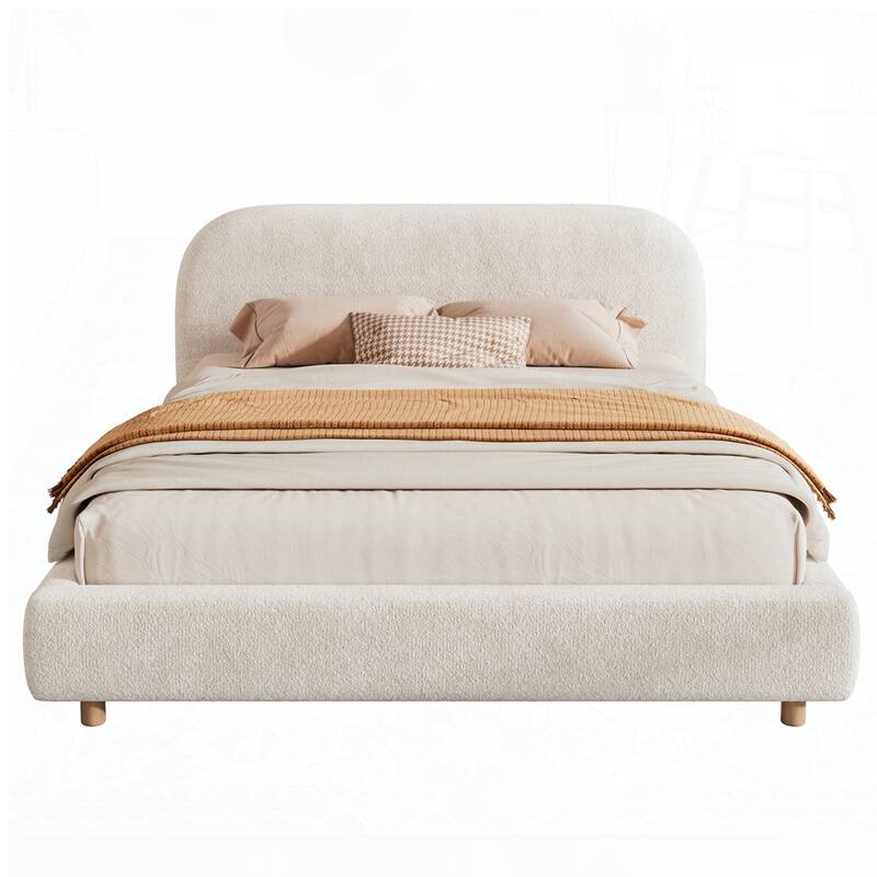 Boucle Fabric Upholstered Platform Bed with Curve-Shaped Design Headboard