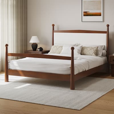 Platform Bed with Upholstered Boucle Headboard Panel Bed No Box Spring Needed Wood Slat Bed Low Profile Bed - Minimalist Design